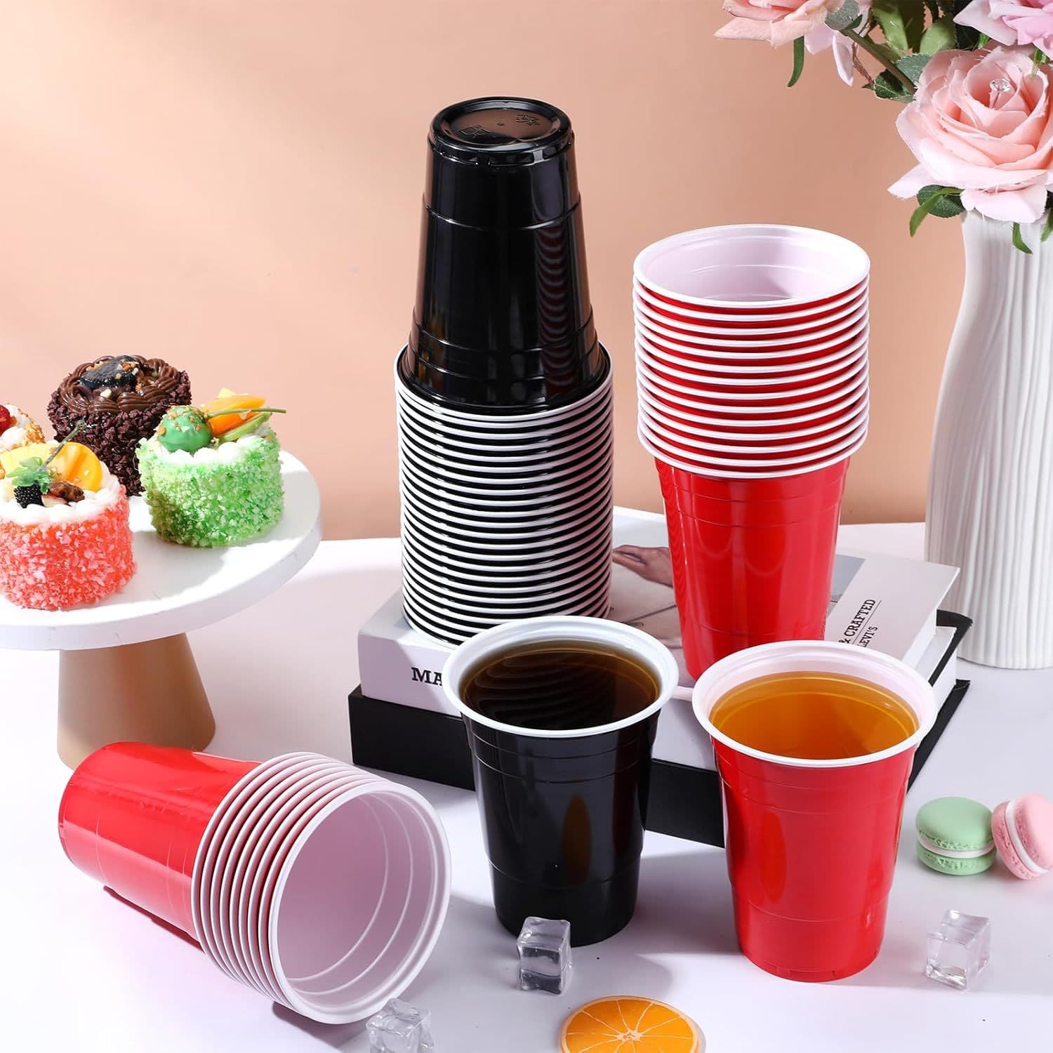 16oz disposable plastic cups in assorted colors for beer pong, party games, and mixed-use party cups