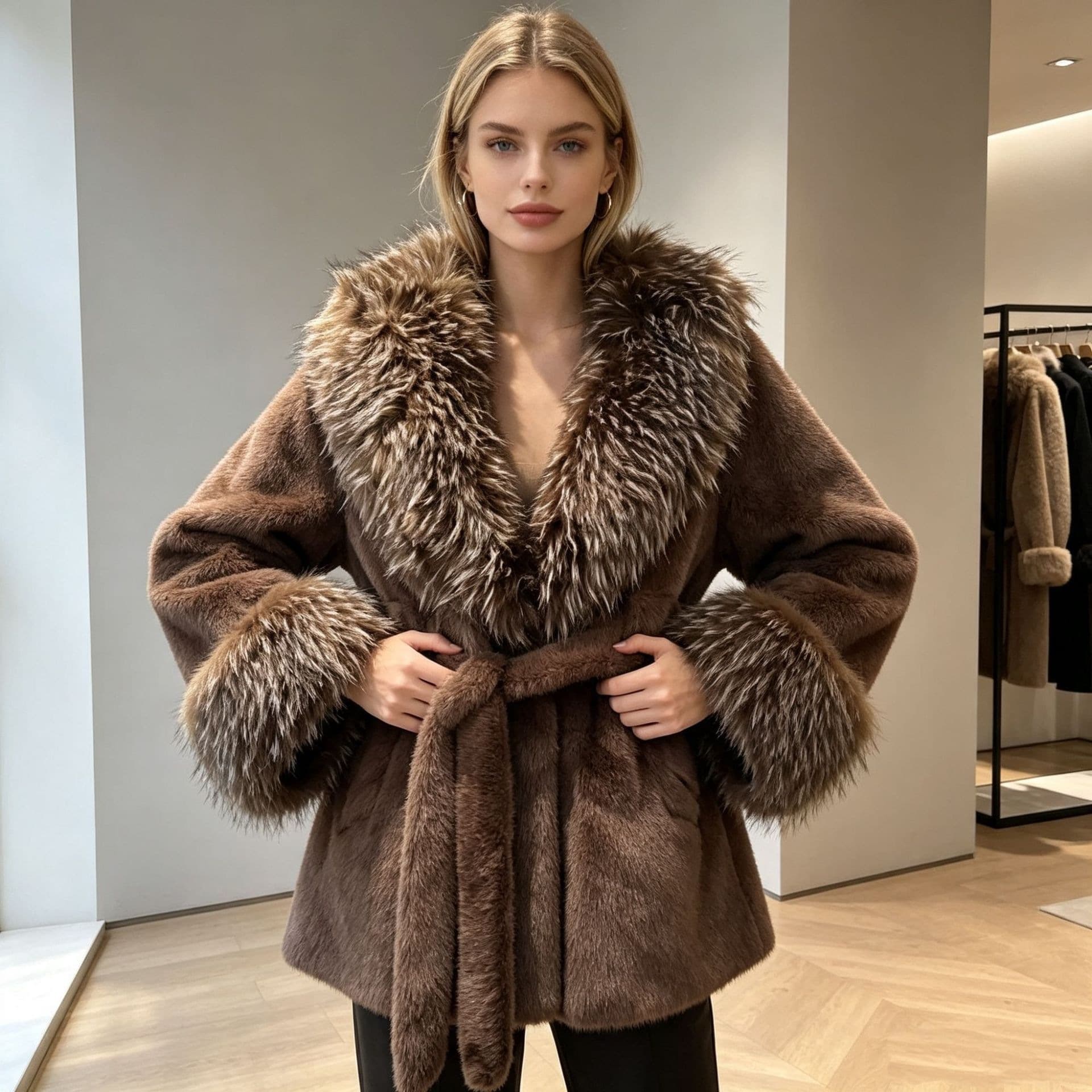 Cross-border Women's Thick Faux Mink Fur Coat with Large Raccoon Fur Collar, Tie-Belt Short Fur-Lined Coat, Plus Size