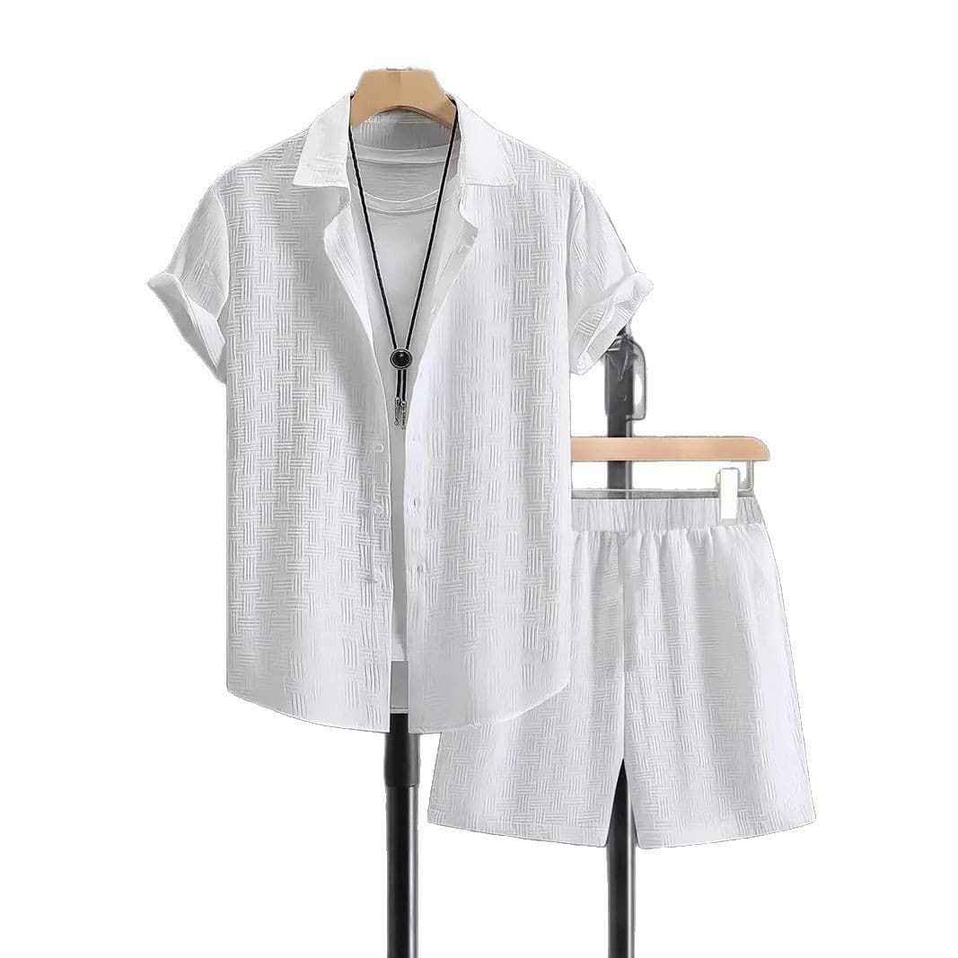 2025 European and American Summer Jacquard Black and White Solid Color Set Short Sleeve Men's Vacation Casual Shirt and Shorts Two-Piece Set