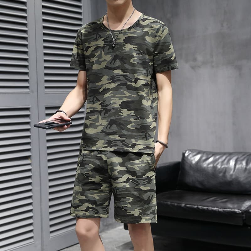 In Stock 95% Cotton Crew Neck Men's Embroidered Camo T-Shirt Set Training Suit Factory Wholesale