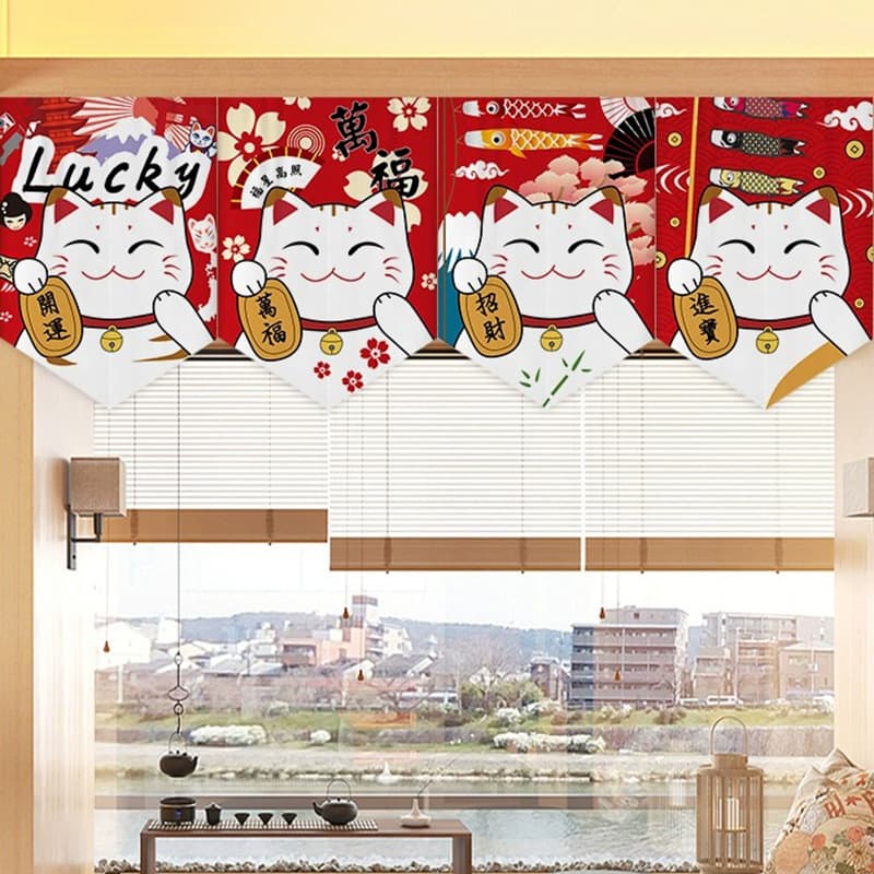 Maneki Neko Triangle Flag Door Curtain Partition Screen Japanese Style Kitchen Short Curtain Half Curtain Hanging Cloth Decoration No Drilling Needed