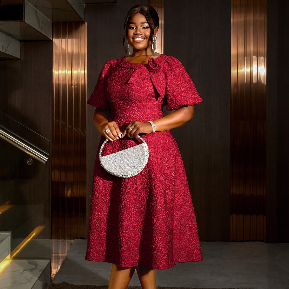Plus Size New Fashion Bubble Sleeve High-Waist Evening Dress Party Commute Comfortable Jacquard Dress