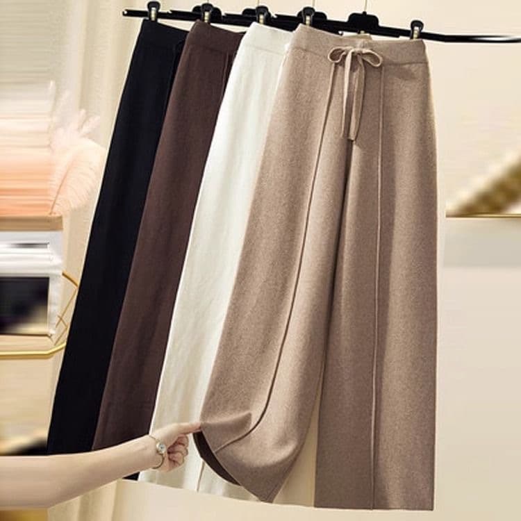 Soft White Knit Wide-Leg Pants for Women, Loose Casual Versatile Knit Straight-Leg Floor-Length Pants