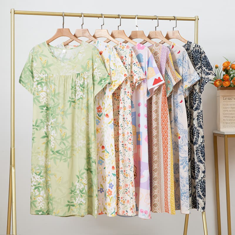 Lightweight Silk Cotton Sleep Dress Women's Spring Summer Autumn Home Comfortable Printed Artificial Cotton Short Sleeve Large Size