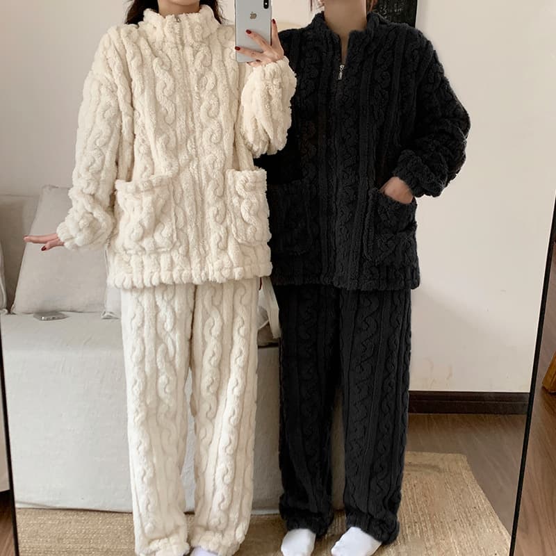 Couple Pajamas Women's Solid Color Autumn and Winter Plus Velvet Thickened Coral Zipper Flannel Men's Home Clothes Warm Large Size Suit