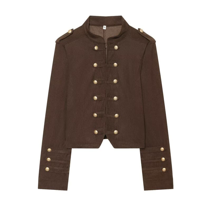PB&ZA Napoleon Court Style Structured Shoulder Jacket for Women, Maillard Retro Button Corduroy Slim Fit Blazer