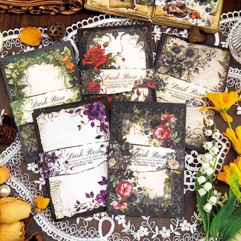 Yanji Decorative Paper - Dark Night Rose Series, Vintage Floral Journal DIY Decorative Background, 30 Sheets, 5 Designs