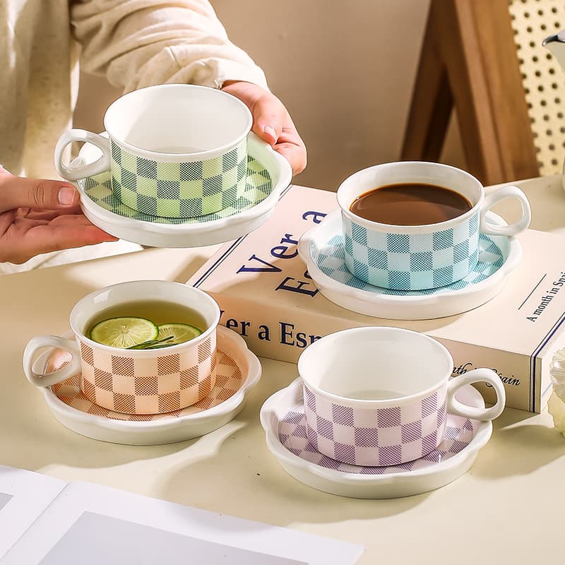 Cross-border Hot Selling Grid Ceramic Mug Office Mug Home Use Creative Ceramic Mug Multiple Specifications Simple Ceramic Mug
