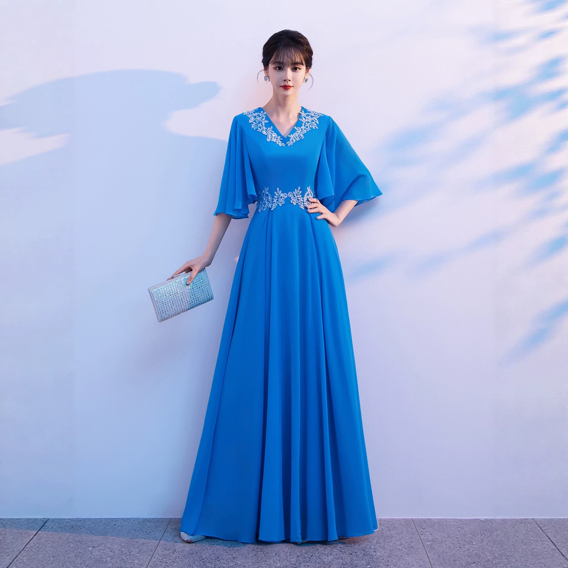 Blue Choir Performance Dress Women Elegant Long Gown Stage Host Conductor Competition Performance Attire