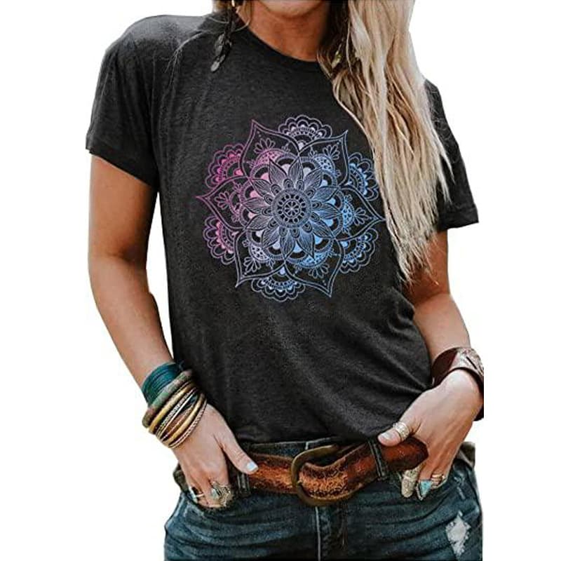 2023 Cross-border European and American Women's New Top Casual Fashion Gradient Flower Printing Round Neck Short-sleeved T-shirt for Women