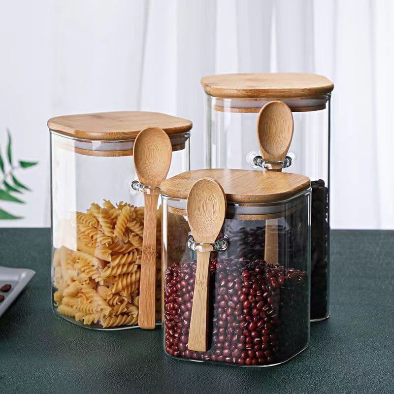 Glass seasoning bottle kitchen food storage jar square glass sealed jar household coffee bean storage jar with wooden spoon