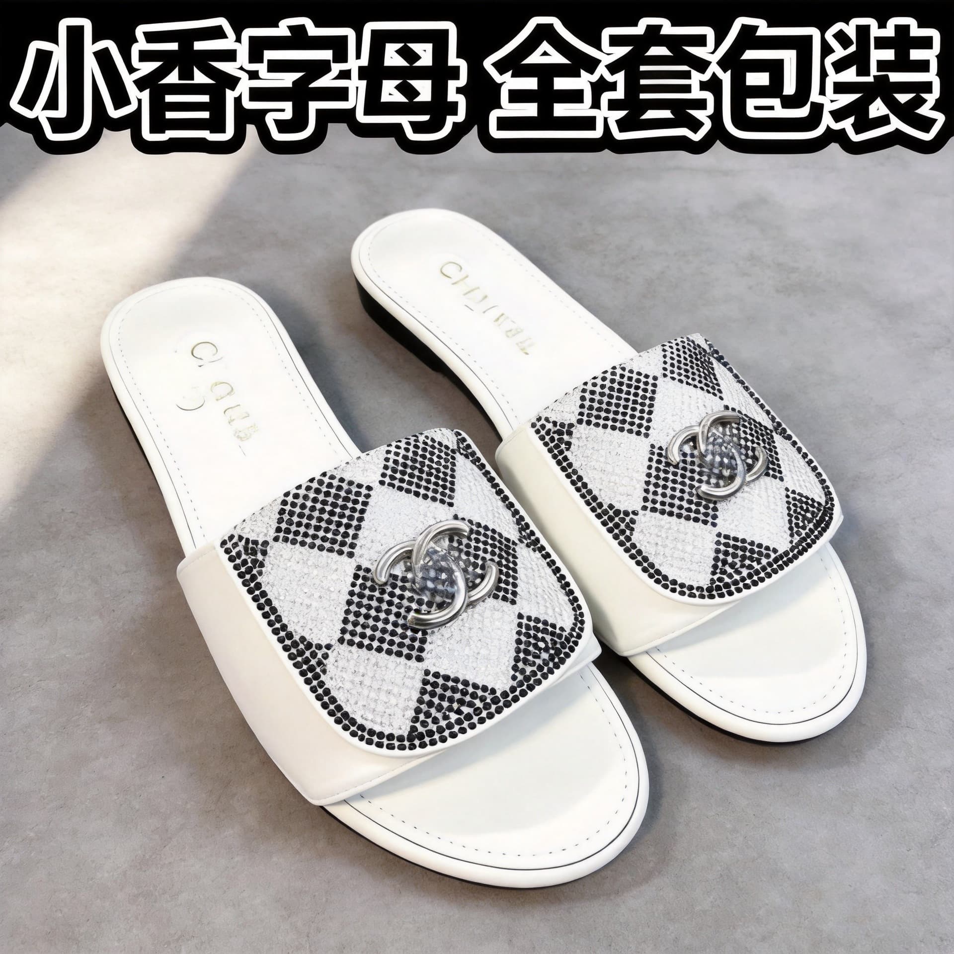 2026 New C Brand Chanel Style Diamond Metal Backpack Buckle Rhinestone Flat Sandals Women Summer One-strap Slippers