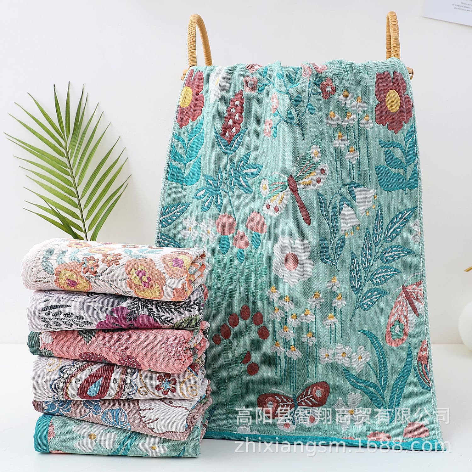 New Cartoon Chinese Floral Five-Layer Fine Gauze Large Towel Soft Absorbent Factory Wholesale Korean Kitchen Towel
