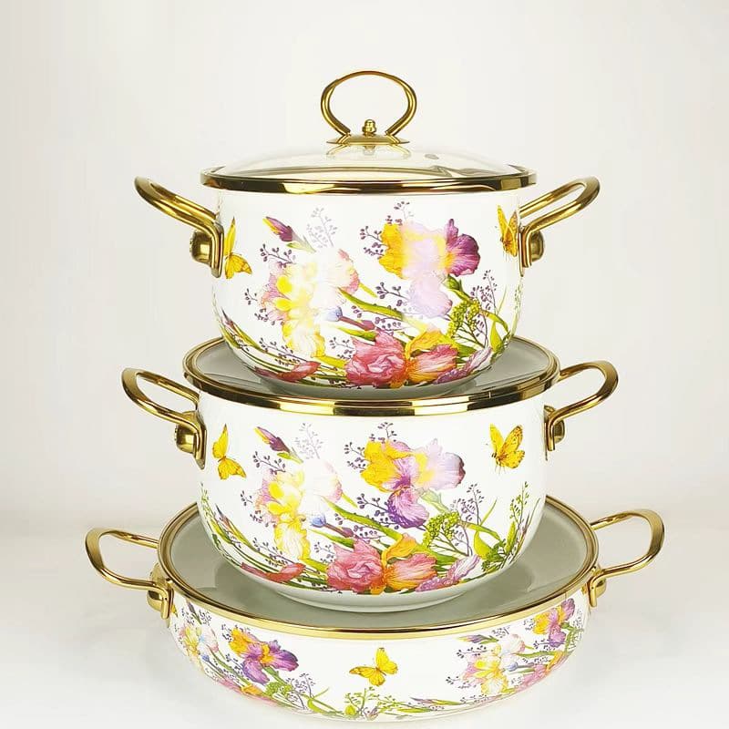 Bosilang Enamel Pot Gold Rim Soup Pot Double Ear Pot Kitchen Induction Cooker Gas Stove Usable Enamel Cast Iron Stew Pot