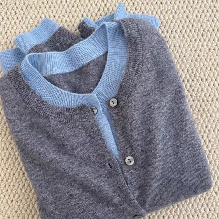 100% Australian Pure Wool Women's Round Neck Two-in-One Cardigan Coat Color Block Fashion Korean Style Cashmere Knitwear