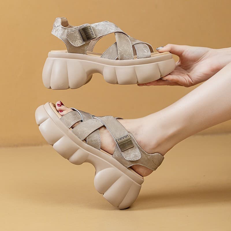 Cross-Strap Sandals for Women 2026 New Fashion Hollow Thick-Soled Peep-Toe Sandals with Velcro Stylish One-Strap Beach Sandals