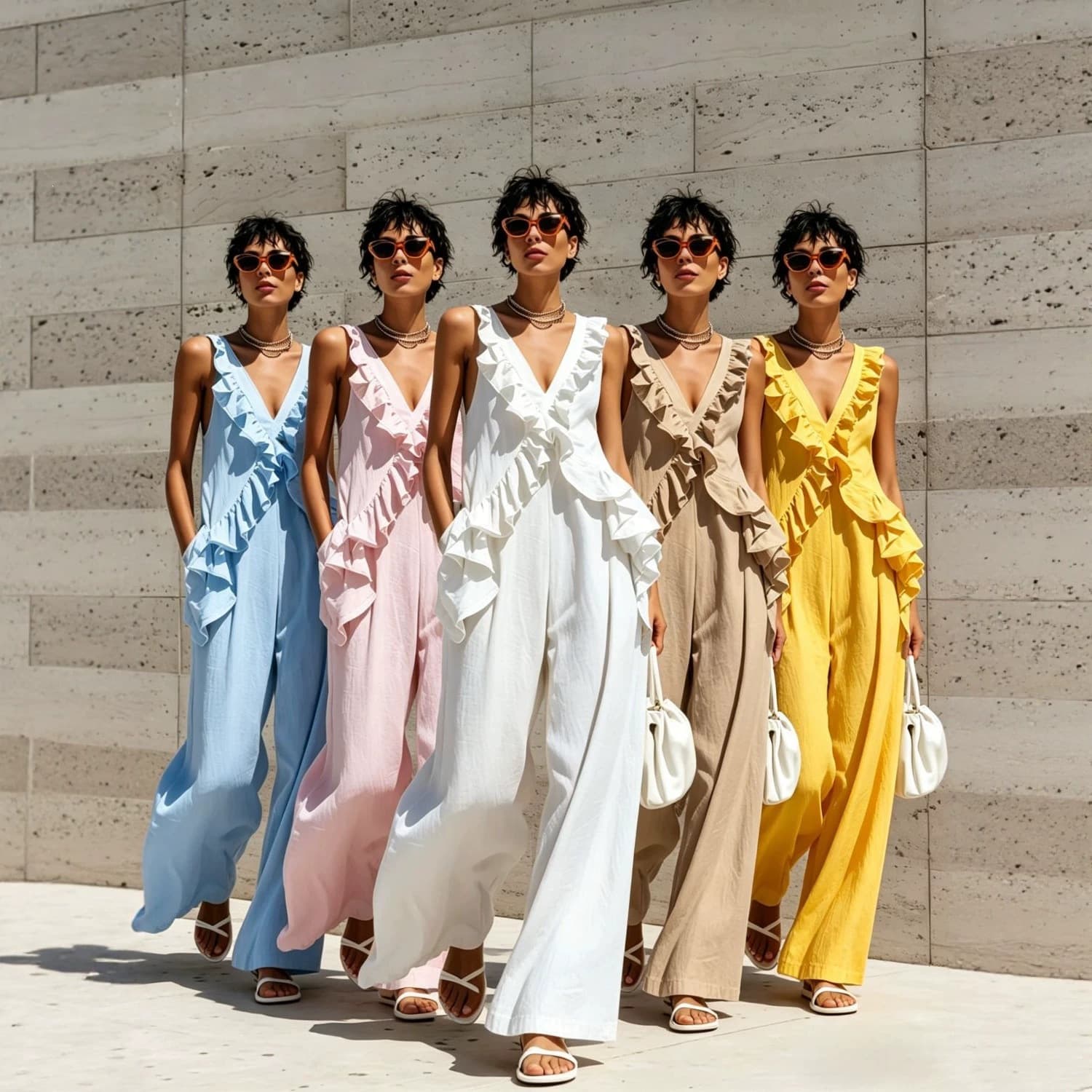 2026 New Cross-Border European and American Women's Casual Vacation Style Ruffle Sleeveless V-Neck Solid Cotton Linen Jumpsuit
