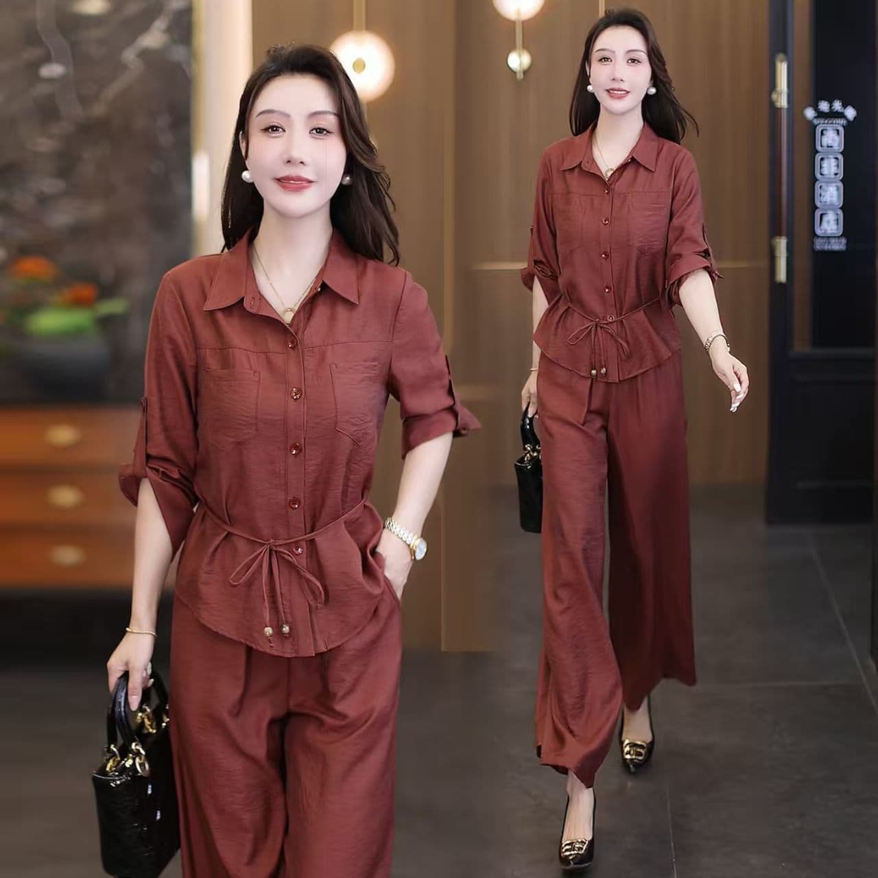 Fall 2026 New Style Elegant Lady Tie-Waist Slimming Long-Sleeve Shirt and Wide-Leg Pants Two-Piece Set