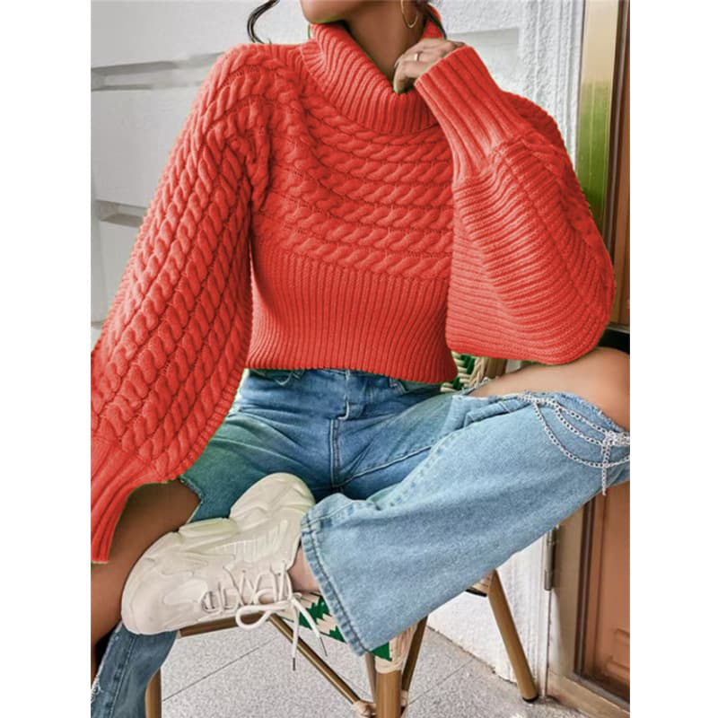 New Autumn/Winter Fashion Casual Cable Knit Turn-Down Collar Versatile Women's Ribbed Knit Sweater