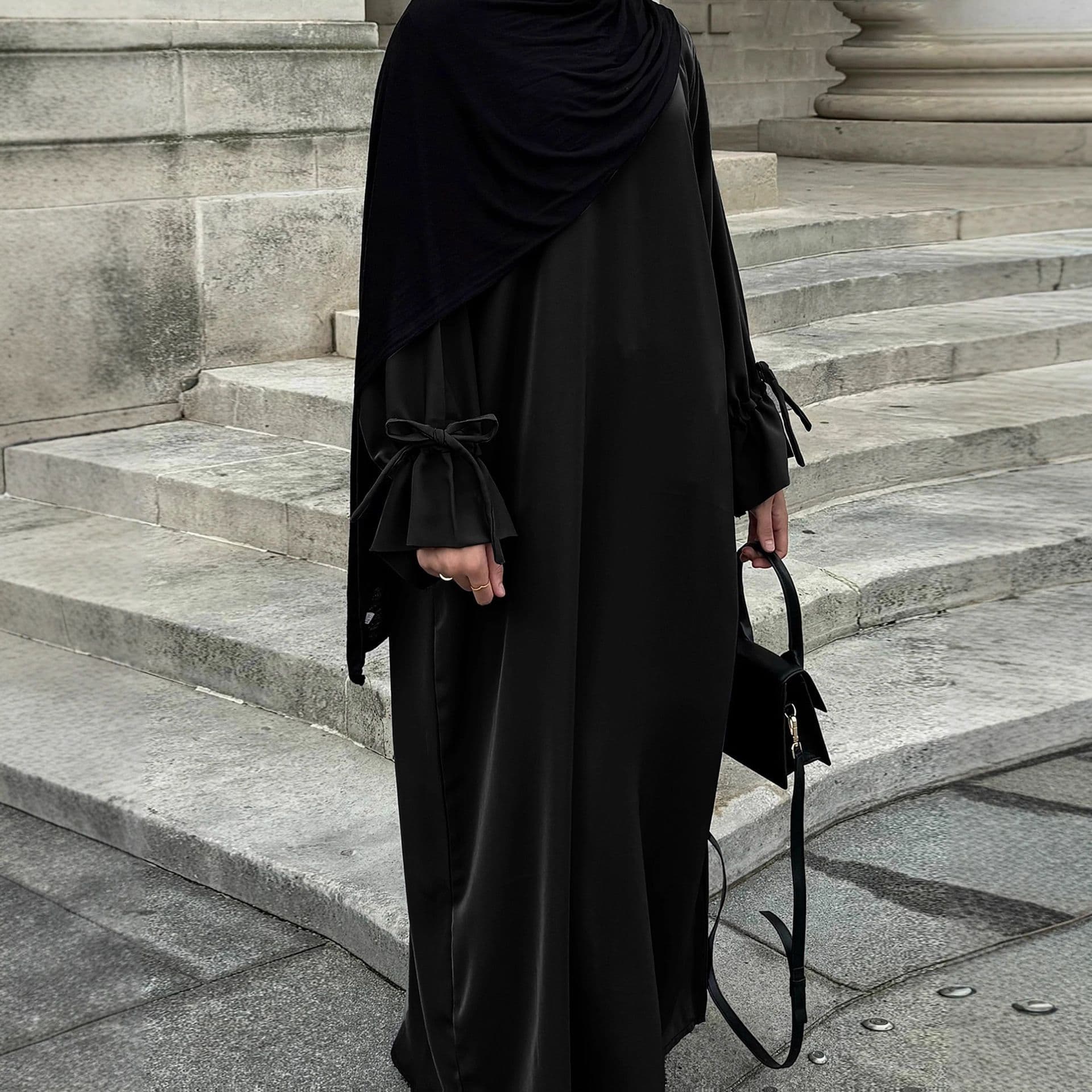 Cross-border Hot-selling Fashionable Casual Light Luxury Satin Dress Solid Color Tie Sleeve Design Elegant Versatile Long Dress