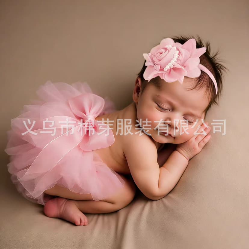 Cross-Border Newborn Baby Girl Bow Ribbon Tulle Tutu Skirt Rose Flower Headband Set Photography Outfit