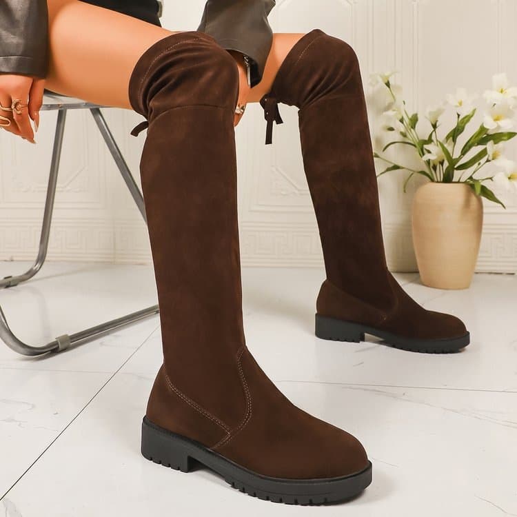 Cross-border Women's Brown Suede Lace-up Over-the-knee Boots Autumn Winter Thick Sole Chunky Heel Riding Boots Wholesale