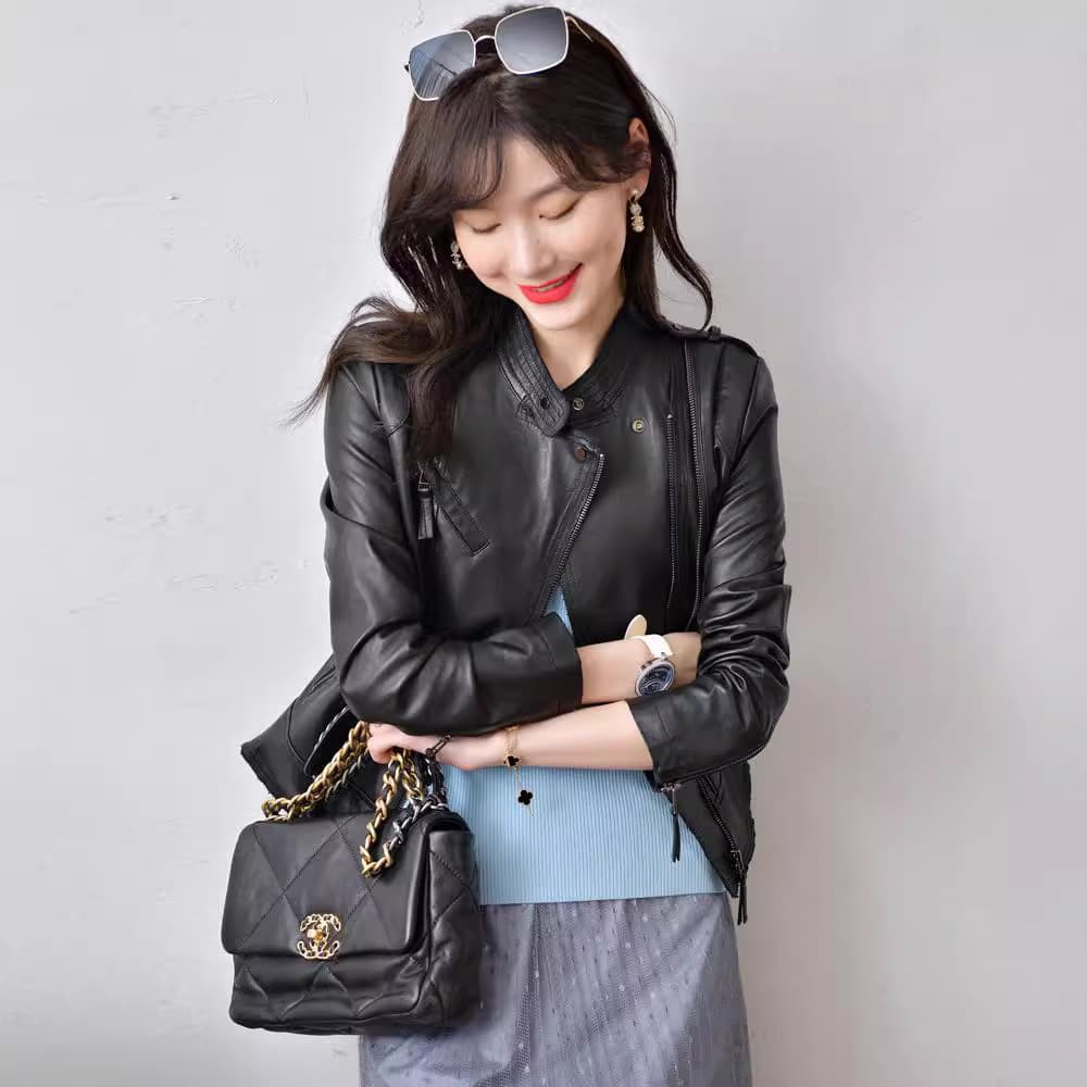 Haining 2026 New Style Genuine Leather Jacket Women Short Sheepskin Slim Fit Motorcycle Biker Coat
