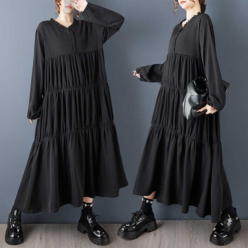 Real Shot of 2026 Spring New Yamamoto Dark Style Ruched Long-Sleeve Dress, Fashionable Slimming Plus-Size Loose Long Dress