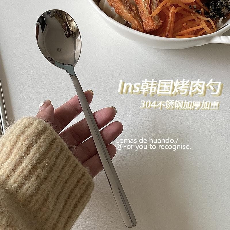 Ins Style Korean BBQ Large Spoon, 304 Thickened Stainless Steel Western Dining Spoon, Long Handle Spoon, Mixing Rice Spoon, Internet Famous