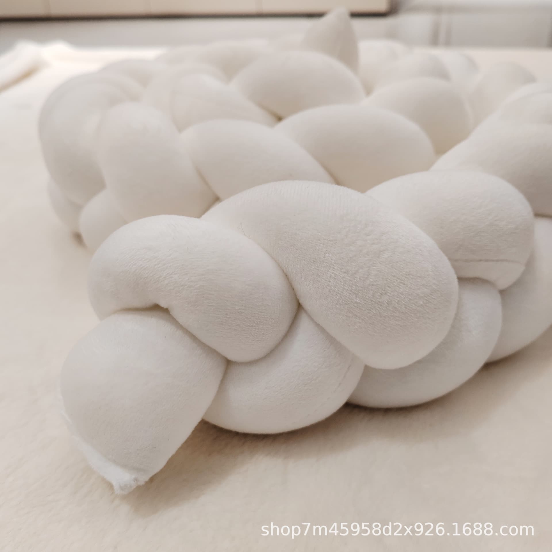New style handmade woven long strip knotted ball three-strand braided soft padded baby crib bumper (Instagram style)