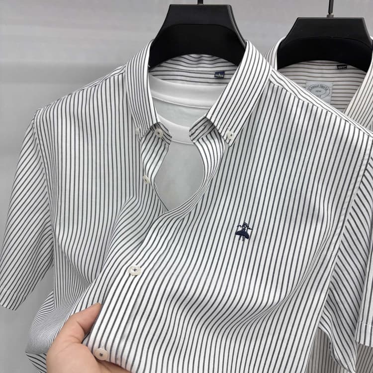 Bumeiguoke Cotton+Linen Summer Short Sleeve Men's Turn-down Collar Linen Embroidery Vertical Stripe Shirt Casual Linen Top
