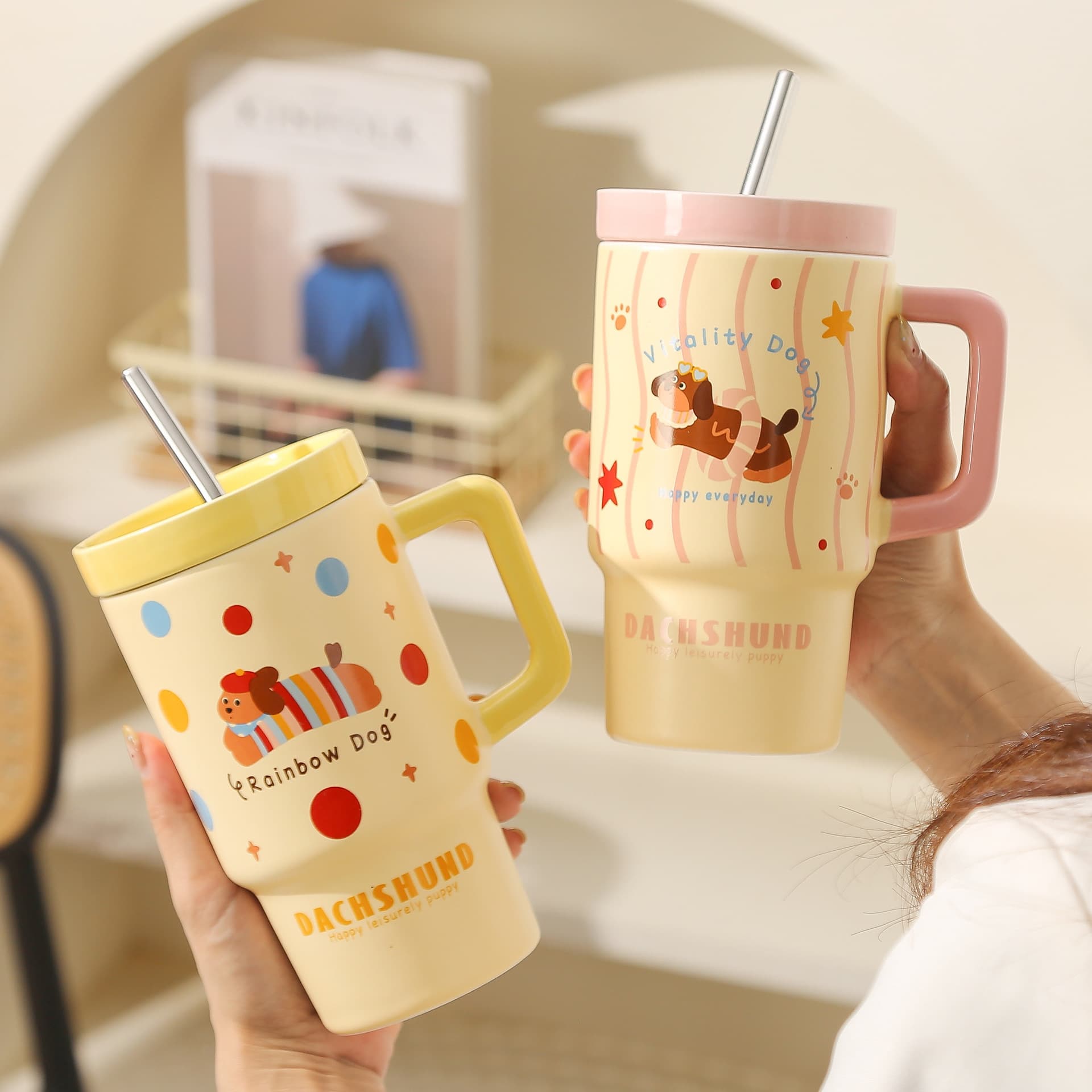 Straw Cup Household Ceramic Mug with Lid for Drinking Water, Women's Office Coffee Cup, Business Gift
