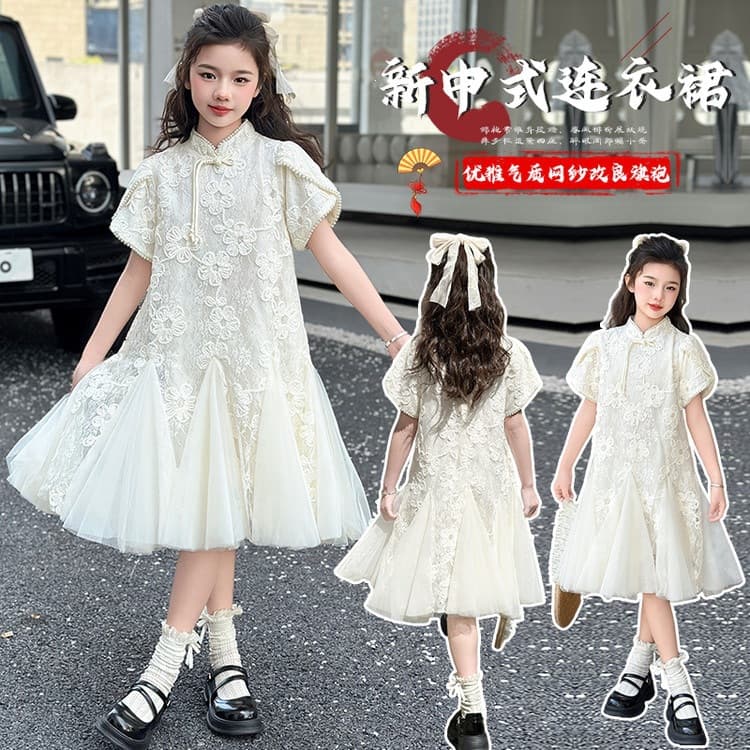 Girls' Dress 2026 New Chinese Style Cheongsam Summer Outfit Short Sleeve Bubble Sleeve Tulle Princess Dress