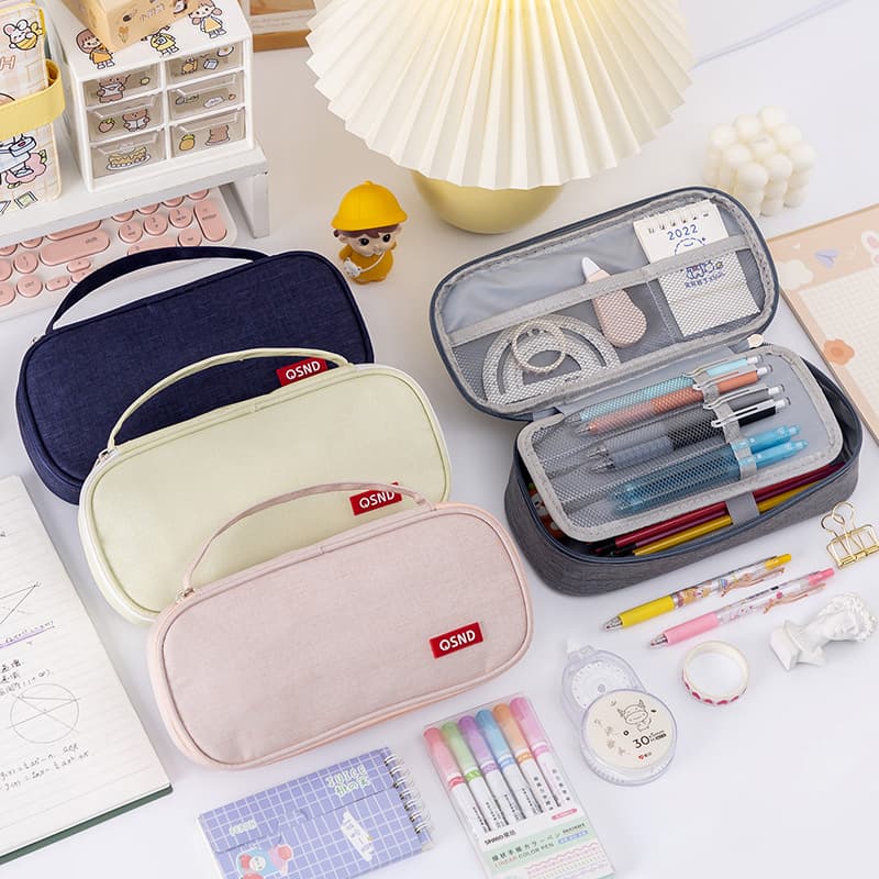 Korean version simple portable double-layer pencil case Oxford cloth solid color student stationery box multi-functional pencil case wholesale logo