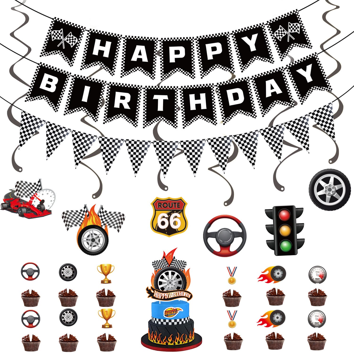 Cross-border Black and White Plaid Racing Theme Birthday Party Venue Decoration Flag Banner Fishtail Flag Birthday Decoration