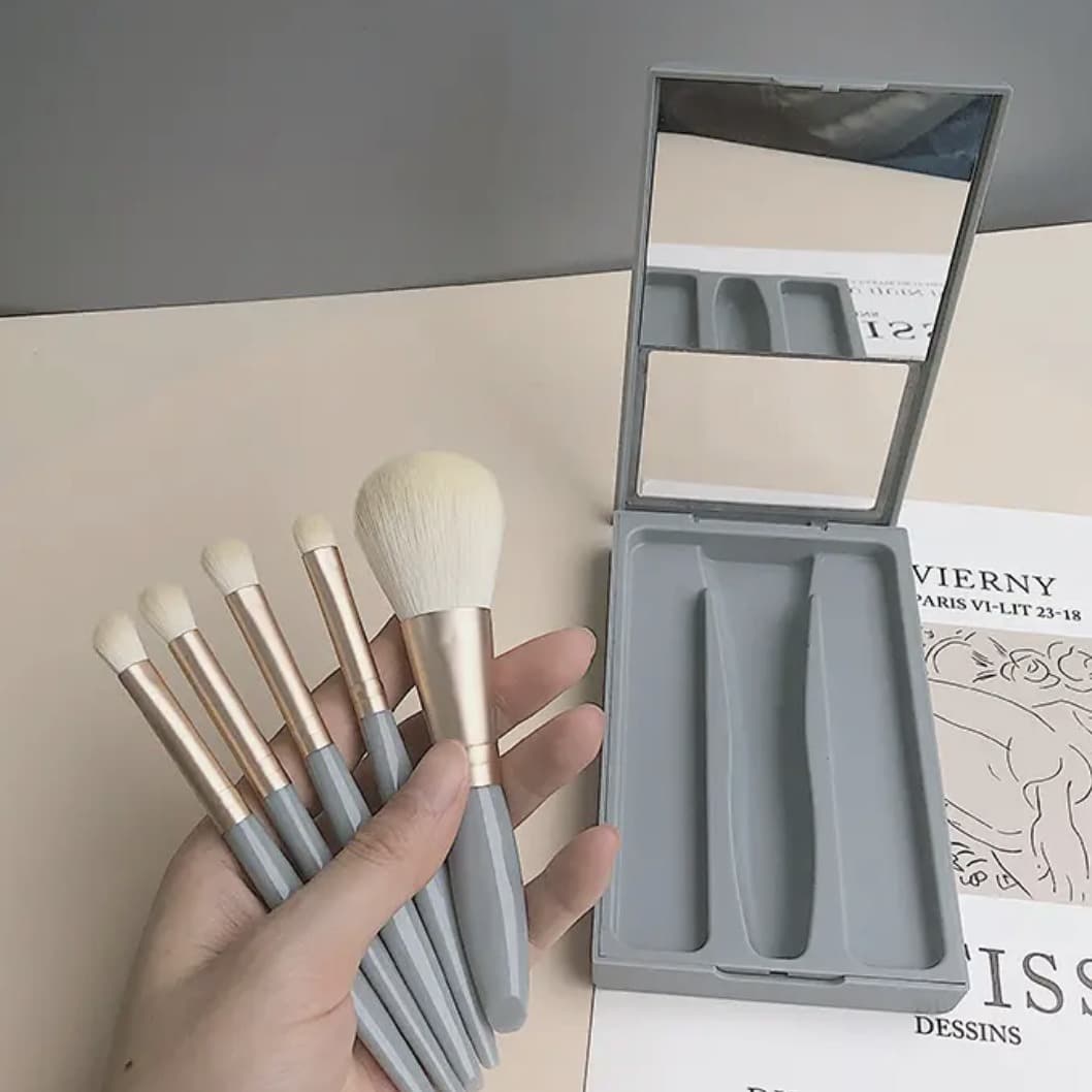 Mini Portable Morandi 5 Makeup Brush Box with Mirror Girl Set Cosmetic Mirror Portable Travel Essentials