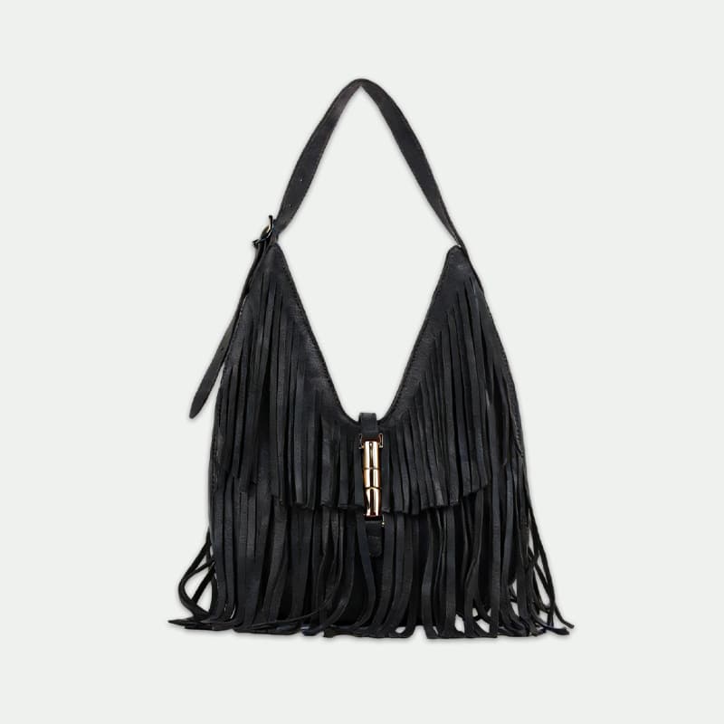 Brown Suede V-Shaped Pocket Fringe Underarm Bag, Fashionable and Personalized Fringe Large Capacity Shoulder Handbag Underarm Bag