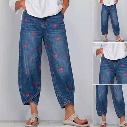 Wholesale European and American TK washed love printed jeans with leg binding design, high waisted loose denim ninth pants, harem pants