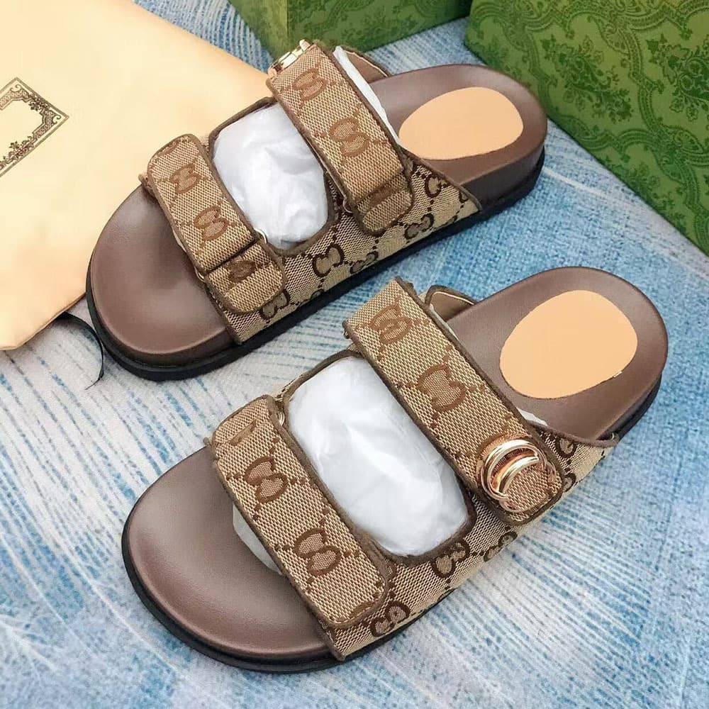 G Brand 2026 Summer New Canvas Embroidered Thick-Soled Velcro Slippers for Women, Flat Casual Beach Sandals