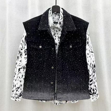 Premium Heavy Rhinestone Starburst Denim Vest Jacket for Men, Streetwear Loose Fit Sleeveless Vest, Trendy