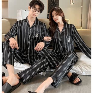 Spring/Autumn Imitation Silk Couple Pajamas Women's New Long Sleeve Cartoon Set Star Style Internet Celebrity Ice Silk Home Wear