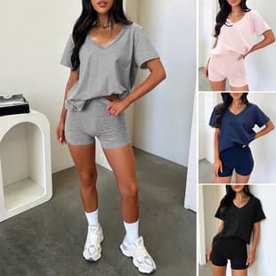 2025 Spring/Summer New Short Sleeve V-Neck Casual Fashion Shorts Set for Women, Solid Color Versatile Outfit, European and American Cross-Border Style