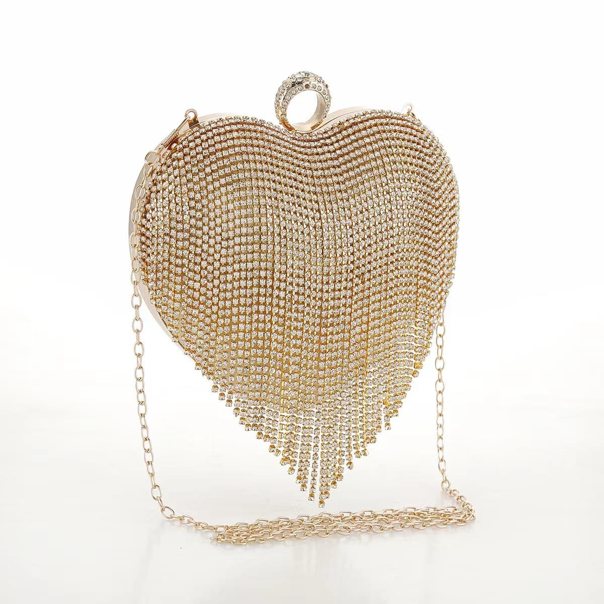 New Women's Rhinestone Fringe Sparkle Fashion Heart-Shaped Evening Bag for Dinner Wedding Party Clutch Detachable