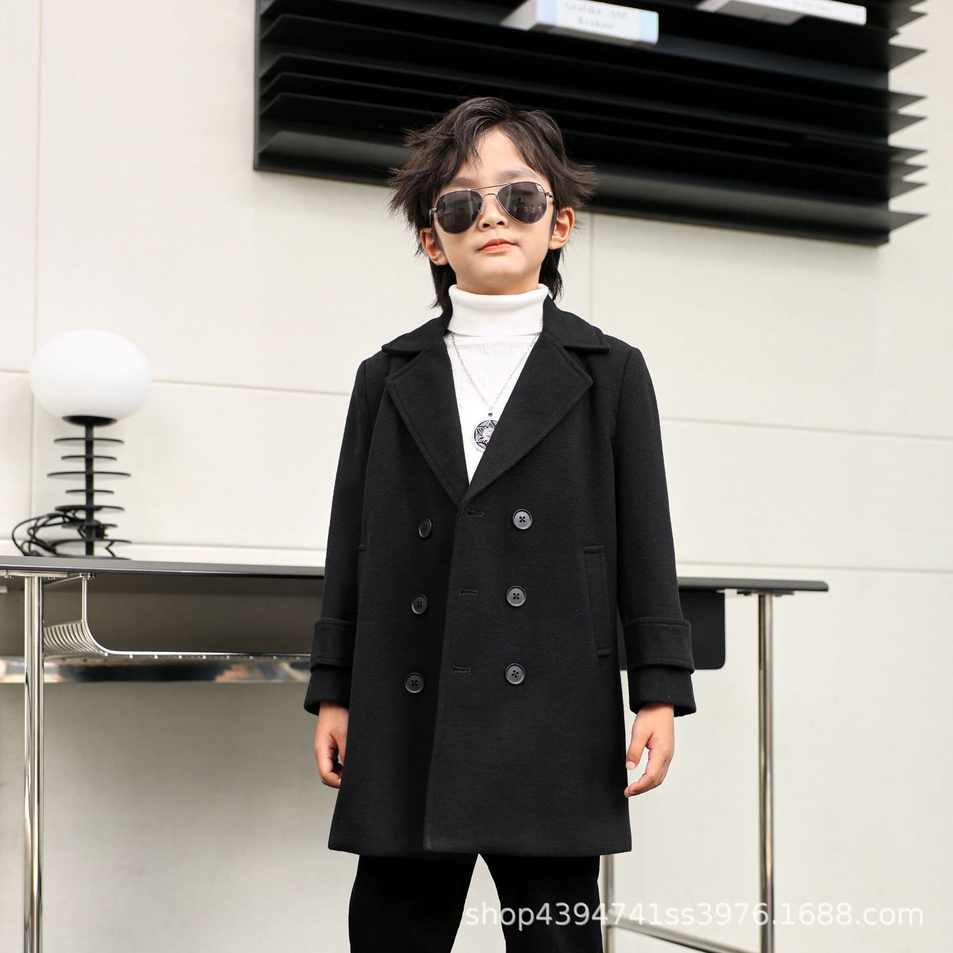 Cross-border New Autumn Winter Boys Double-breasted Stylish Wool Coat Thickened Children's Lapel Mid-length Woolen Jacket