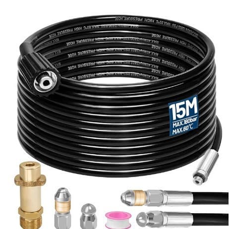 Fits Karcher K-series car washers for drain unclogging, water jet nozzles for kitchen pipes, M22 connection.
