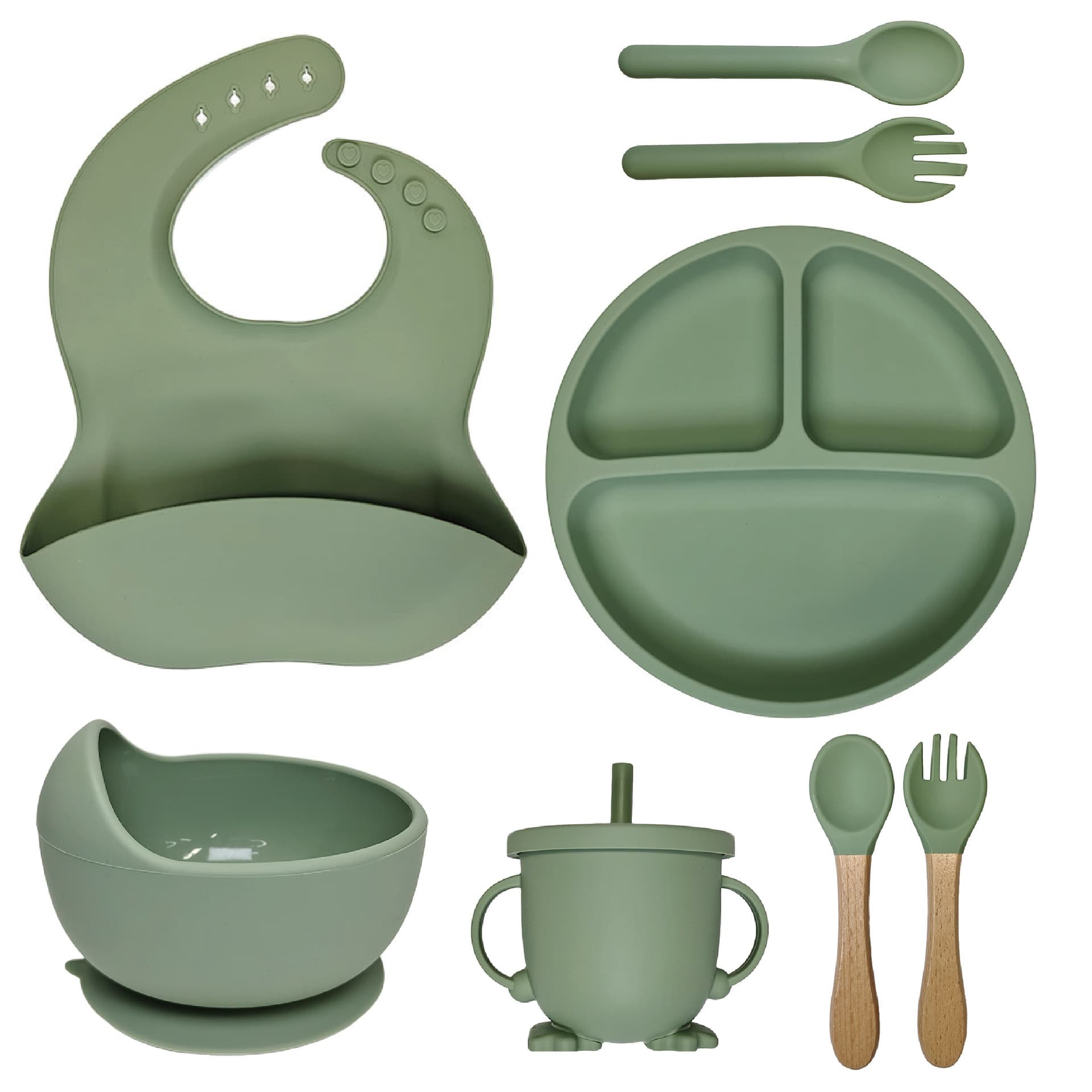 Children's Food-Grade Silicone Dinnerware Set, Baby Learning-to-Eat Bib with Suction Plate, Bowl, Straw Cup, Training Fork and Spoon