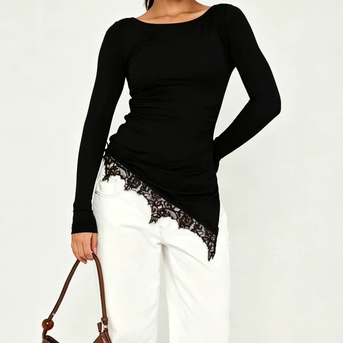 K26T632 Slim-fitting one-line collar black long-sleeved top for women with irregular lace oblique edges and pleated waist for slimming