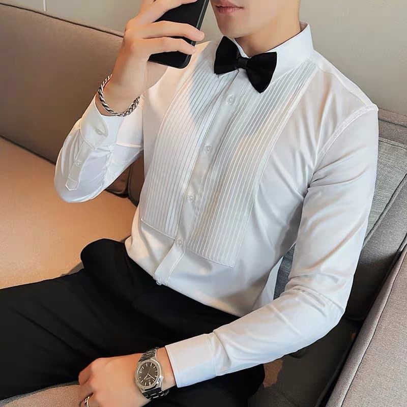 Men's Long Sleeve Slim Fit Shirt Wedding Ceremony Performance Fashionable Pleated Formal Shirt Korean Style Polyester Fiber