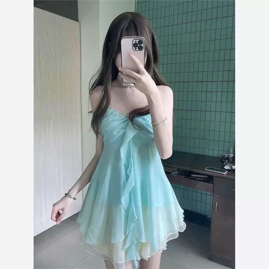 French sweet lace splicing blue suspender dress women's summer style small seaside vacation skirt two-piece set