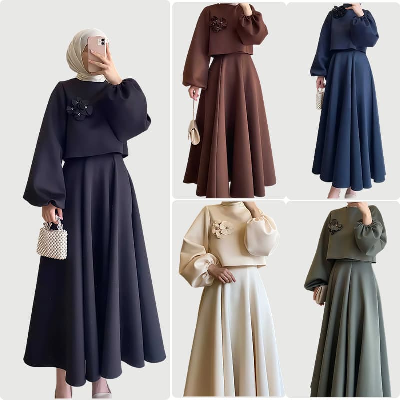 Cross-border 2025 Autumn New Elegant Floral Lantern Sleeve + A-line Skirt Set